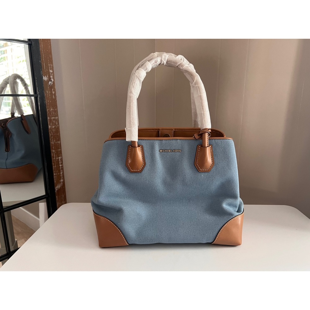 Michael Kors Mercer Gallery MD Center Zip Tote Powder Blue Canvas Tan 30H8BZ5T6C